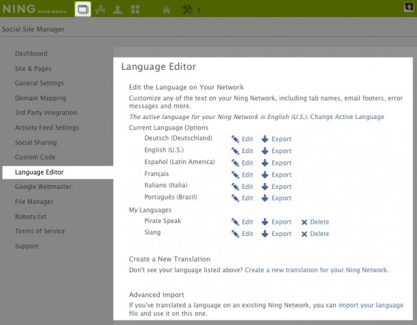 language editor in dashboard